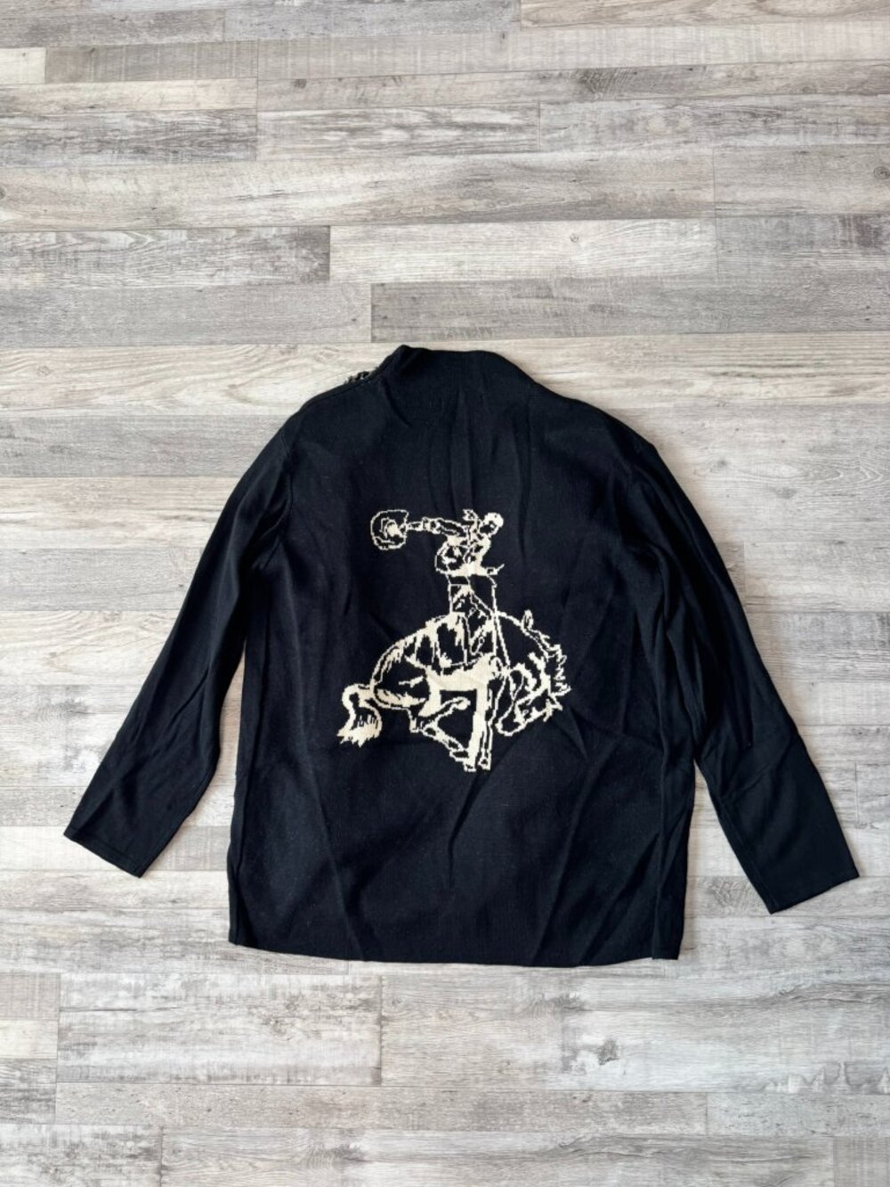 Crazy Train NWT Black Cowboy Bronco Graphic Sweater Cardigan Size Medium D27